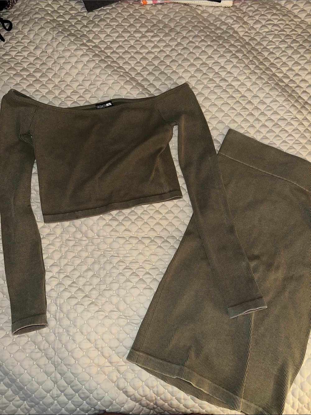 Fashion Nova Olive Ribbed Off-Shoulder Crop Top & Skirt Set